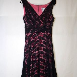 Dj Summers Vintage Women's Faux Wrap Dress Black Pink Lace Size 8P